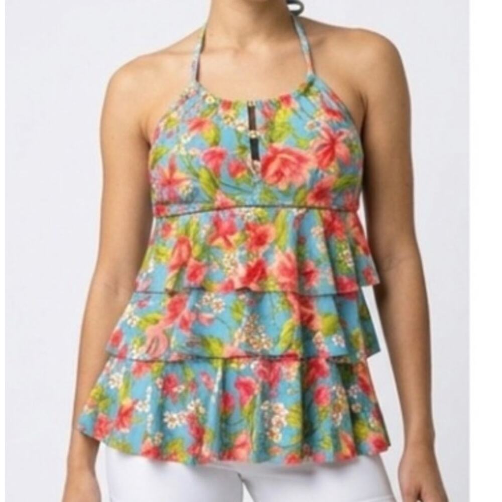 Catalina Tankini Top Ruffle Halter Blue Floral Sz 1X 16W EUC